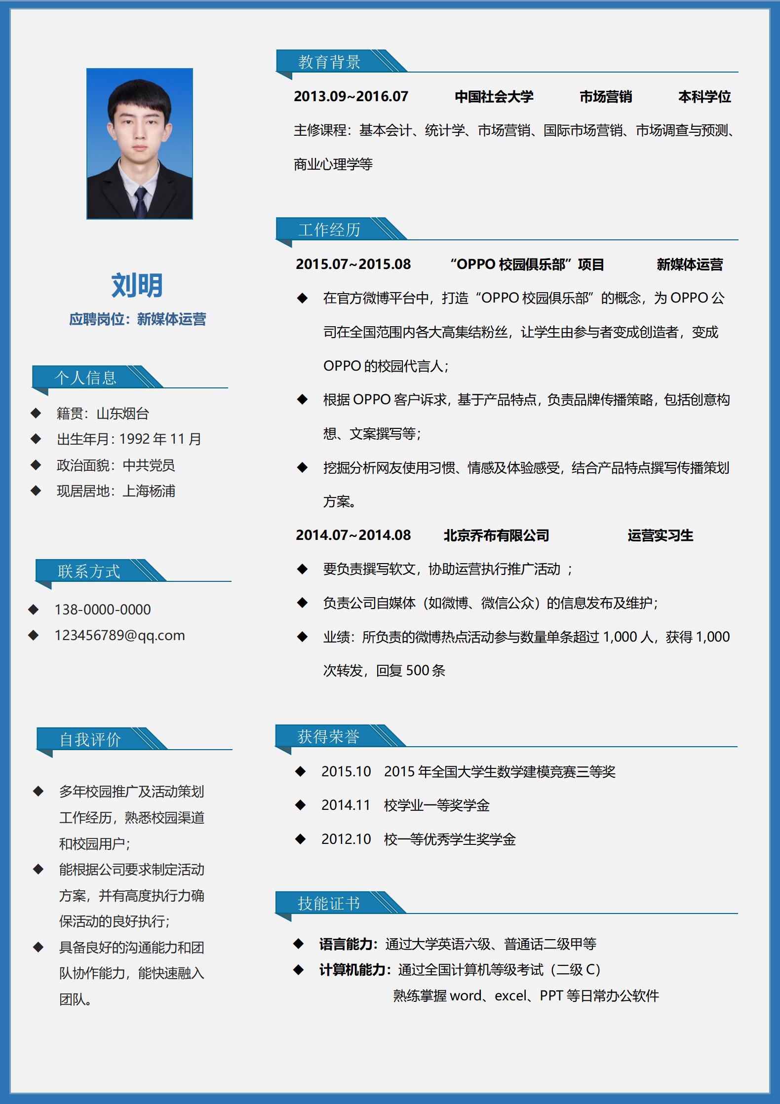 新媒体运营免费简历模板下载