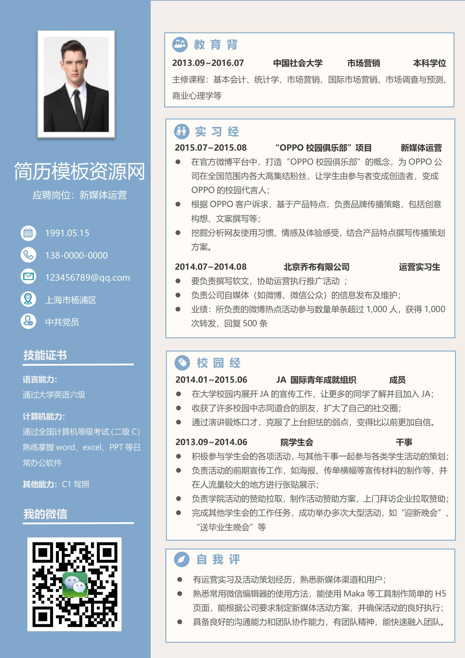 应聘岗位新媒体免费简历模板