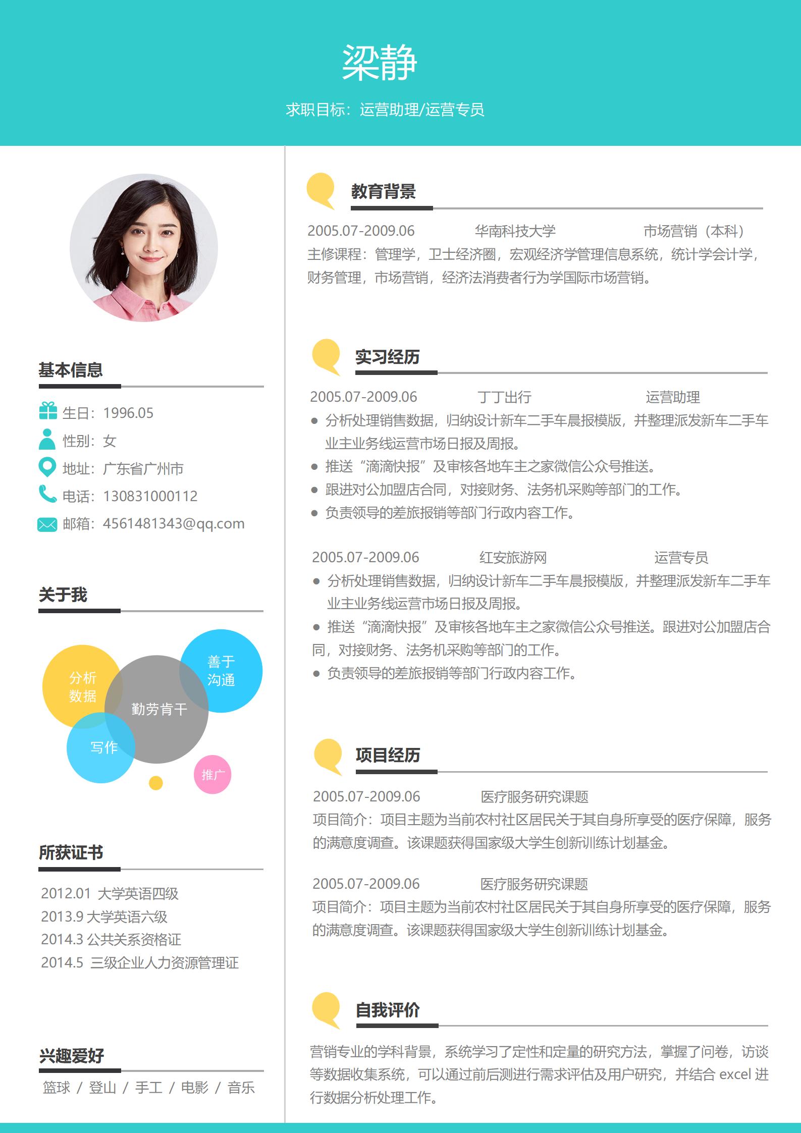 运营助理专员免费简历模板