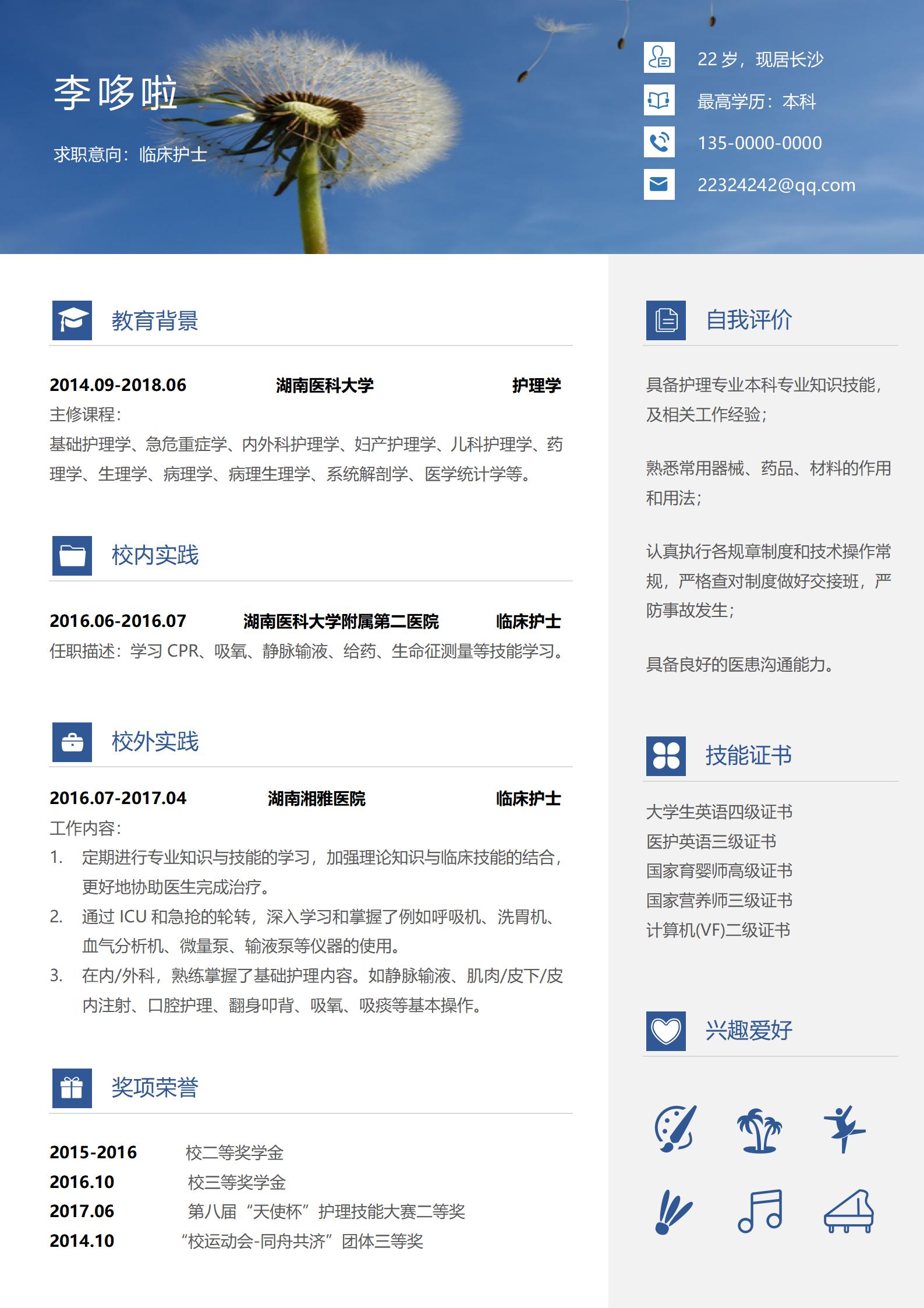 护理学免费简历模板