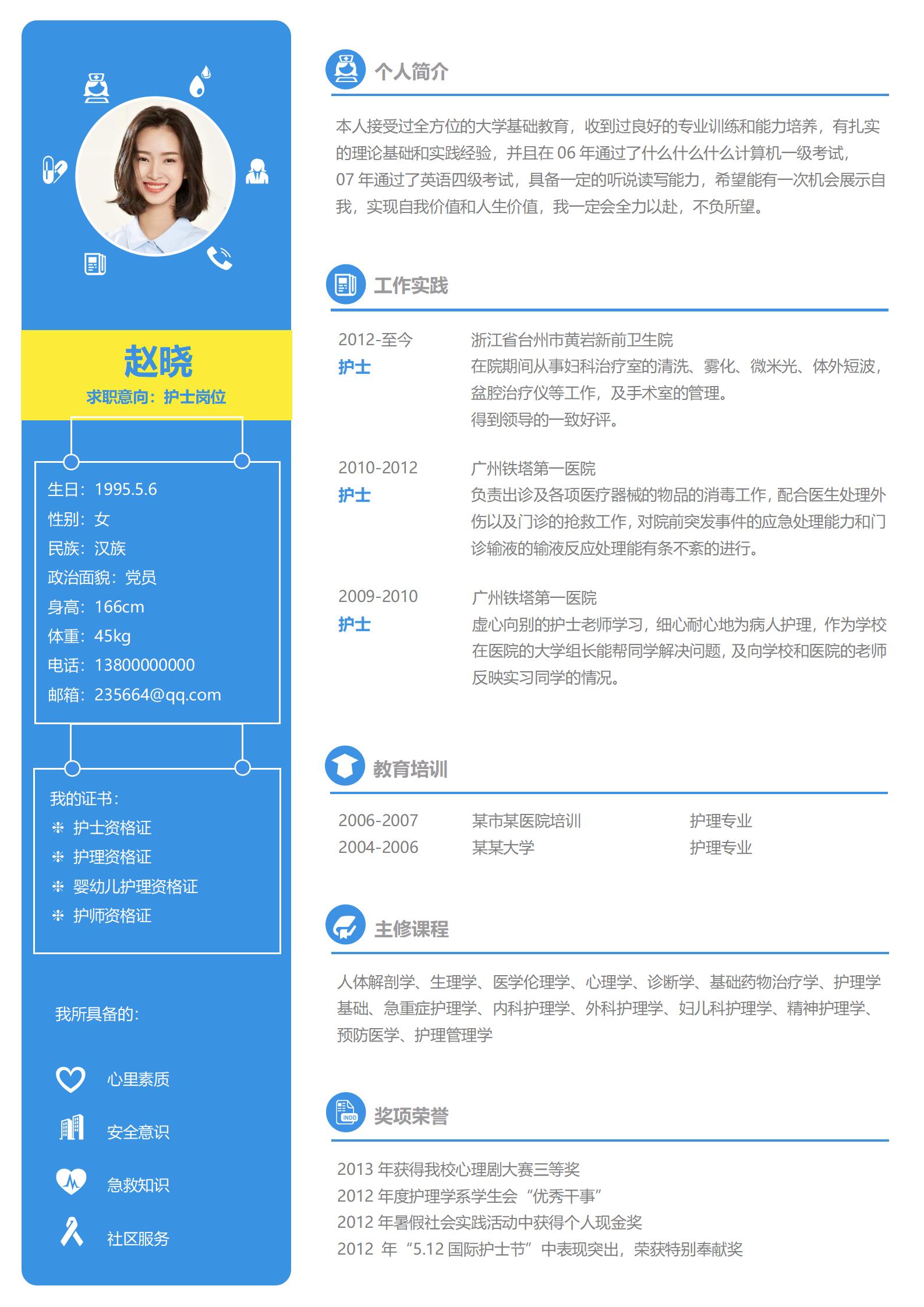 求职意向护士岗位免费简历