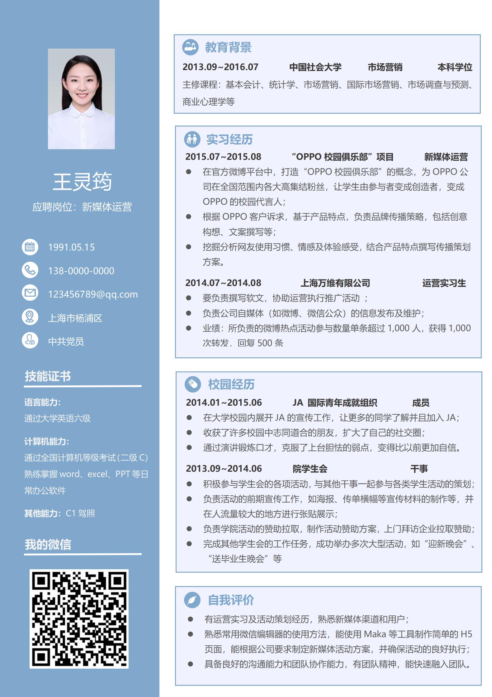 求职新媒体运营的免费简历模板