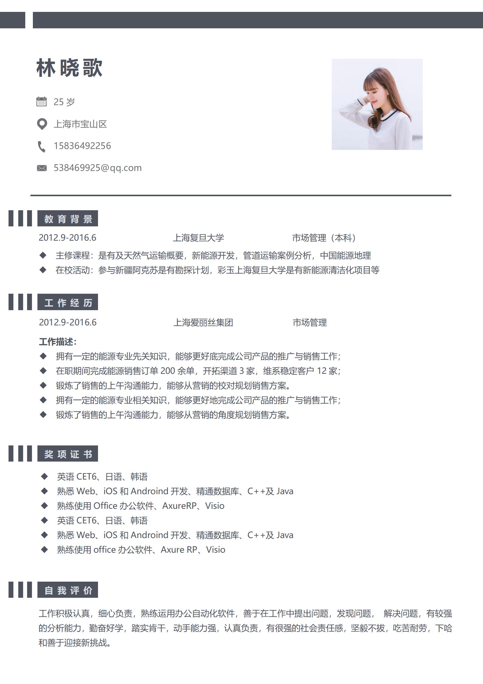 市场专业免费简历模板