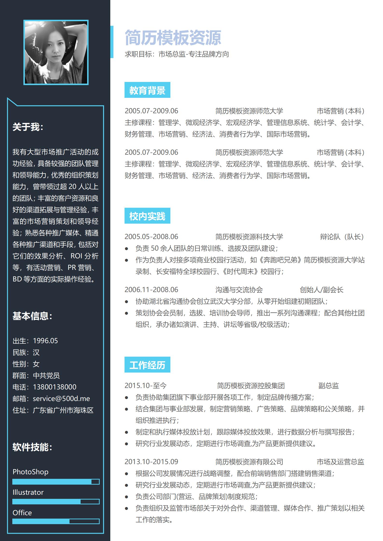 经验丰富的2页职场简历模板